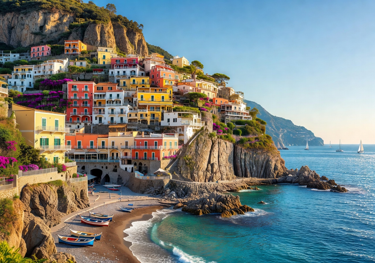 Colorful buildings of Positano cascading down the hillside to the azure Amalfi Coast waters