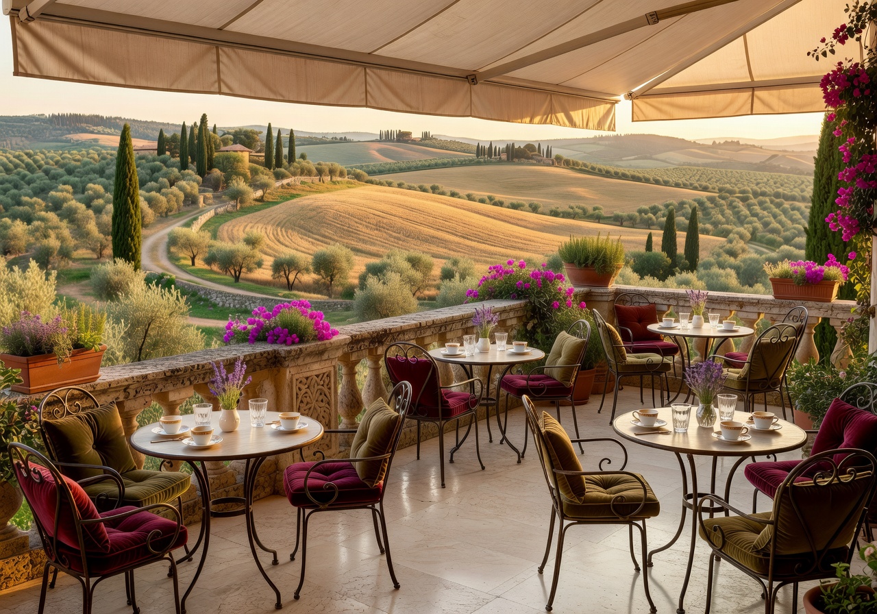 Bar Il Palagio luxury café terrace surrounded by Tuscan rolling hills and cypress trees