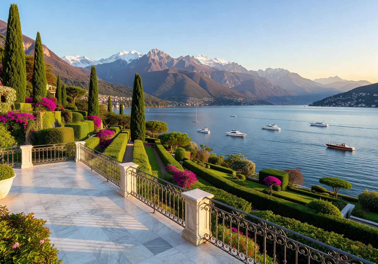 Lake Como viewed from a luxury villa terrace with elegant wrought-iron railings and lush gardens