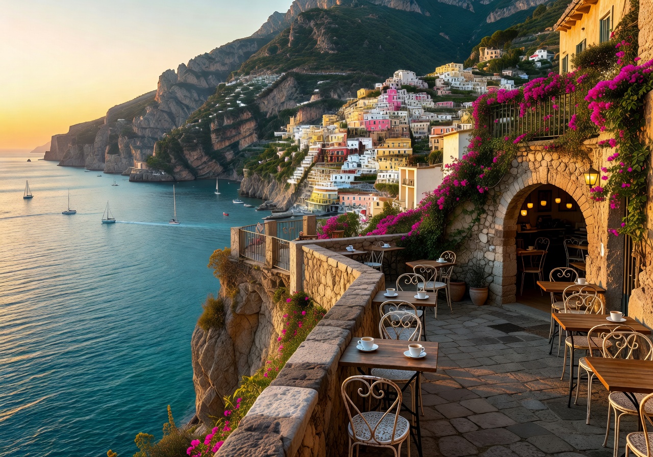 Caffè del Paese cliffside terrace overlooking the stunning Amalfi Coast at golden hour