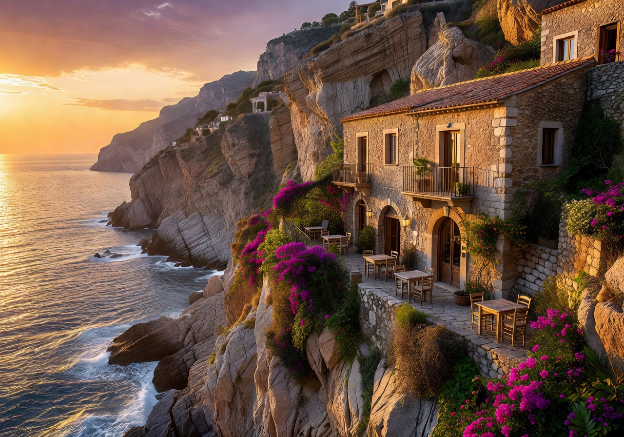 Caffè del Paese perched on the dramatic Amalfi Coast cliffs with Mediterranean Sea views at golden hour