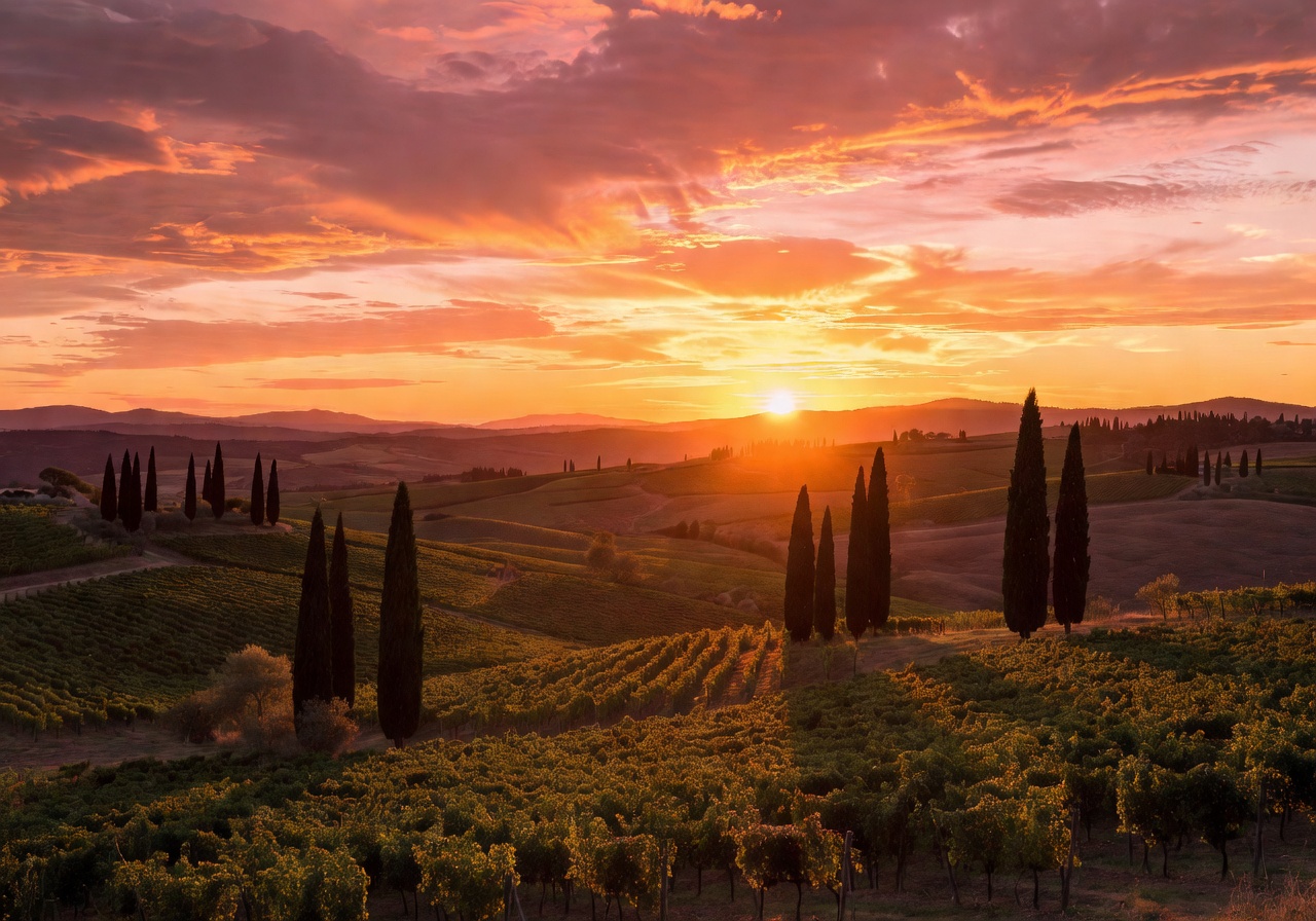 Sun setting behind a Tuscan vineyard with rolling hills and warm golden light