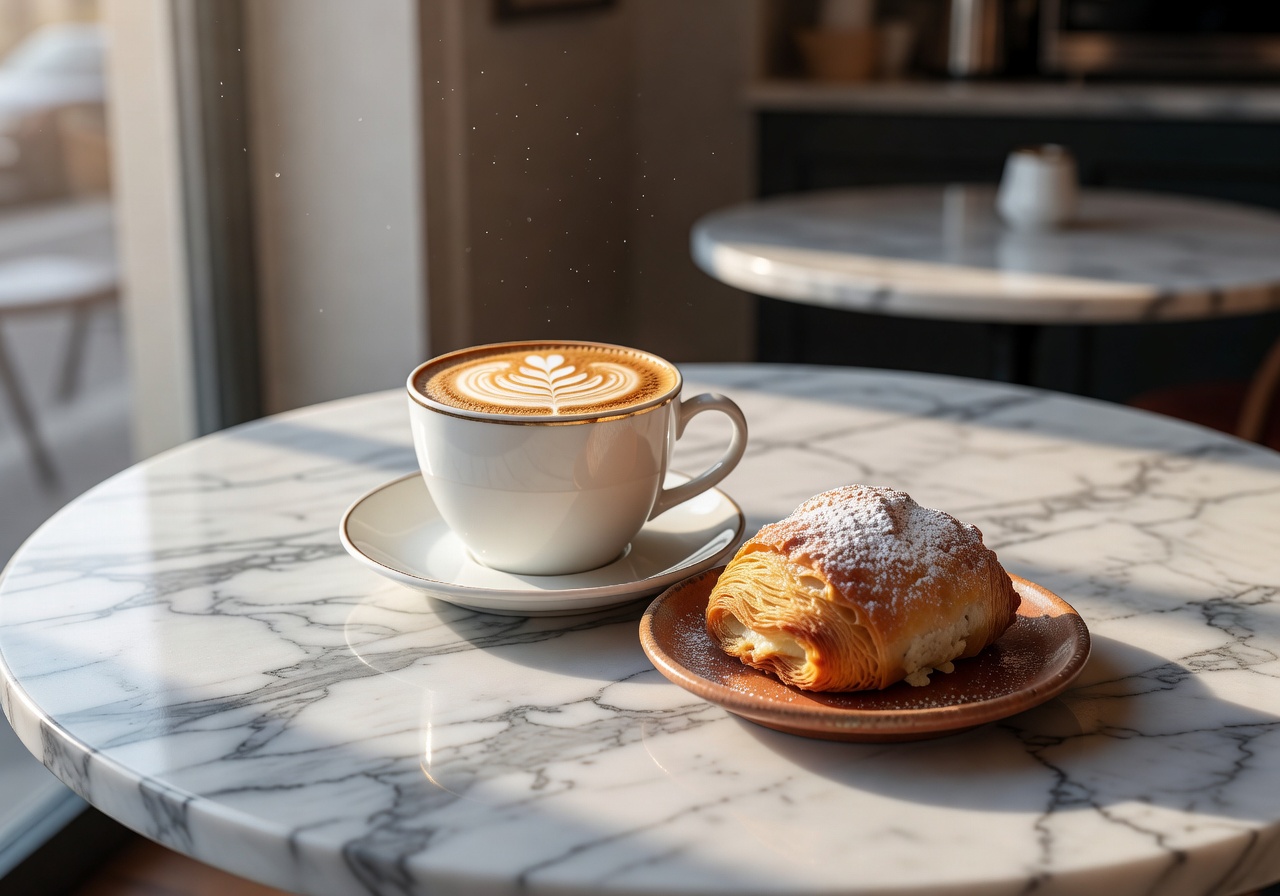 Elegant marble café table with artfully prepared cappuccino and Italian pastry in morning light