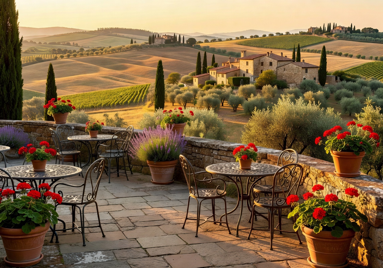 Elegant terrace of Bar Il Palagio with panoramic views of the sun-drenched Tuscan countryside