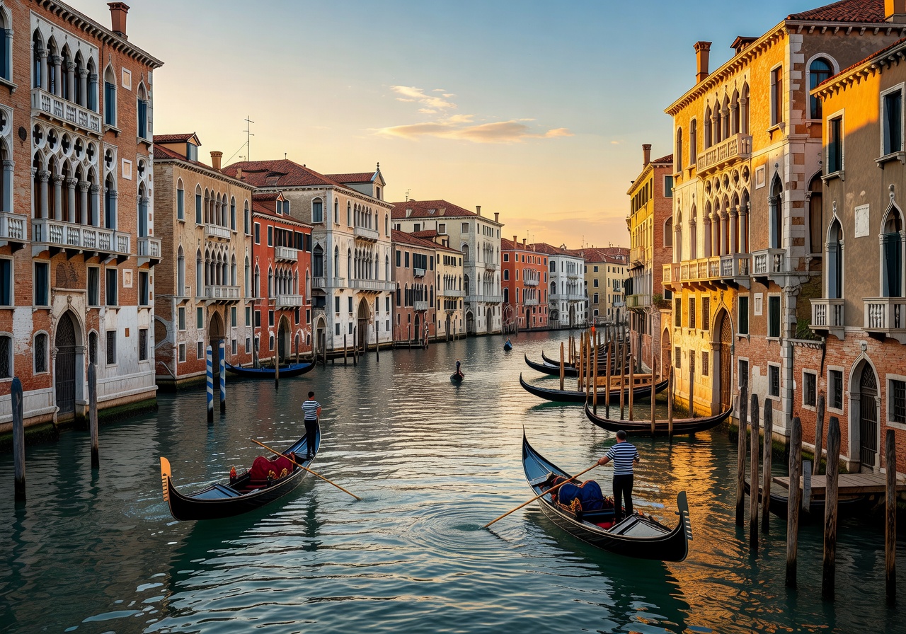Grand Canal in Venice at golden hour with historic gondolas and Renaissance architecture