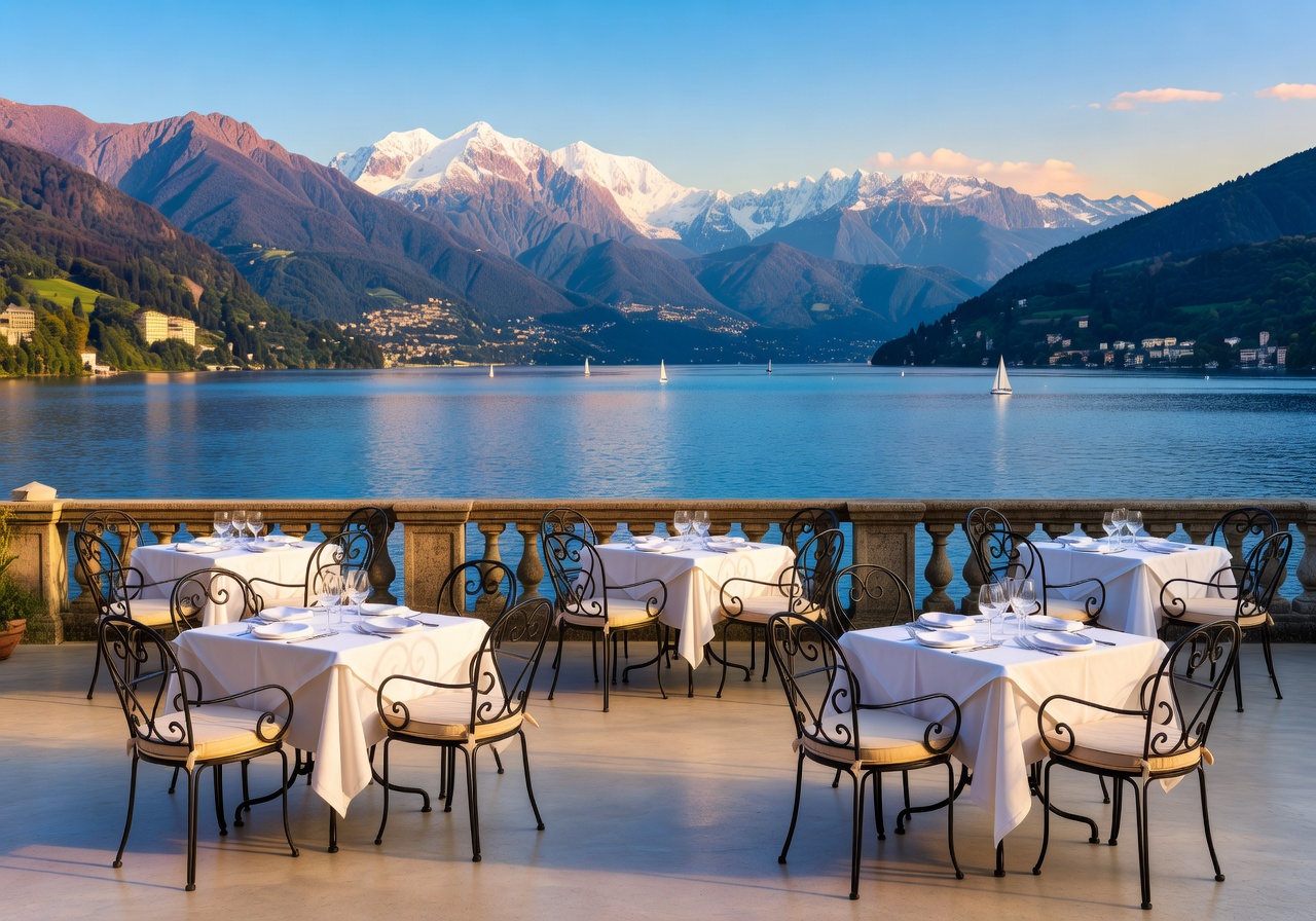 Grand Hotel Tremezzo lakeside terrace café with panoramic views of Lake Como and surrounding Alps