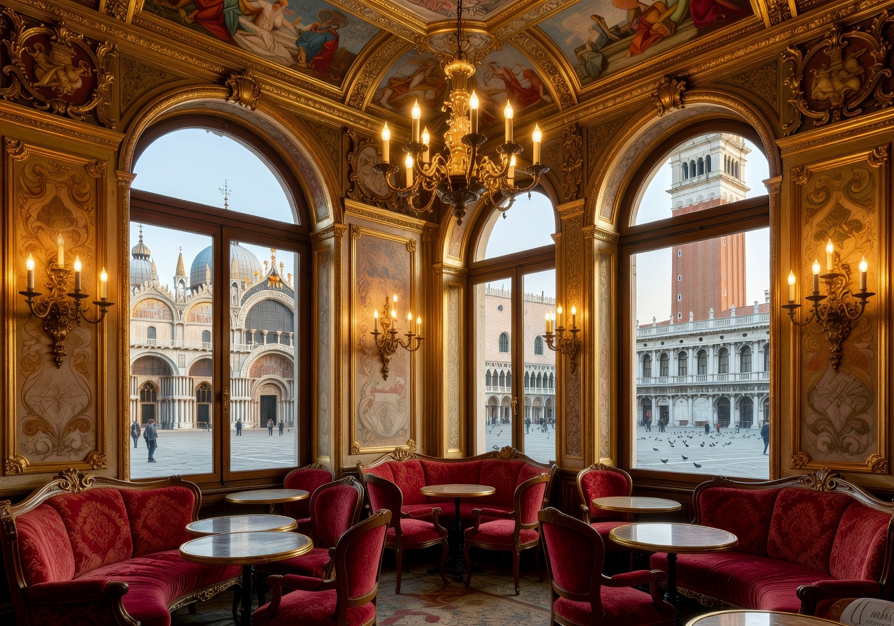 Historic Caffè Florian in Venice with ornate golden interior and views of St. Mark's Square