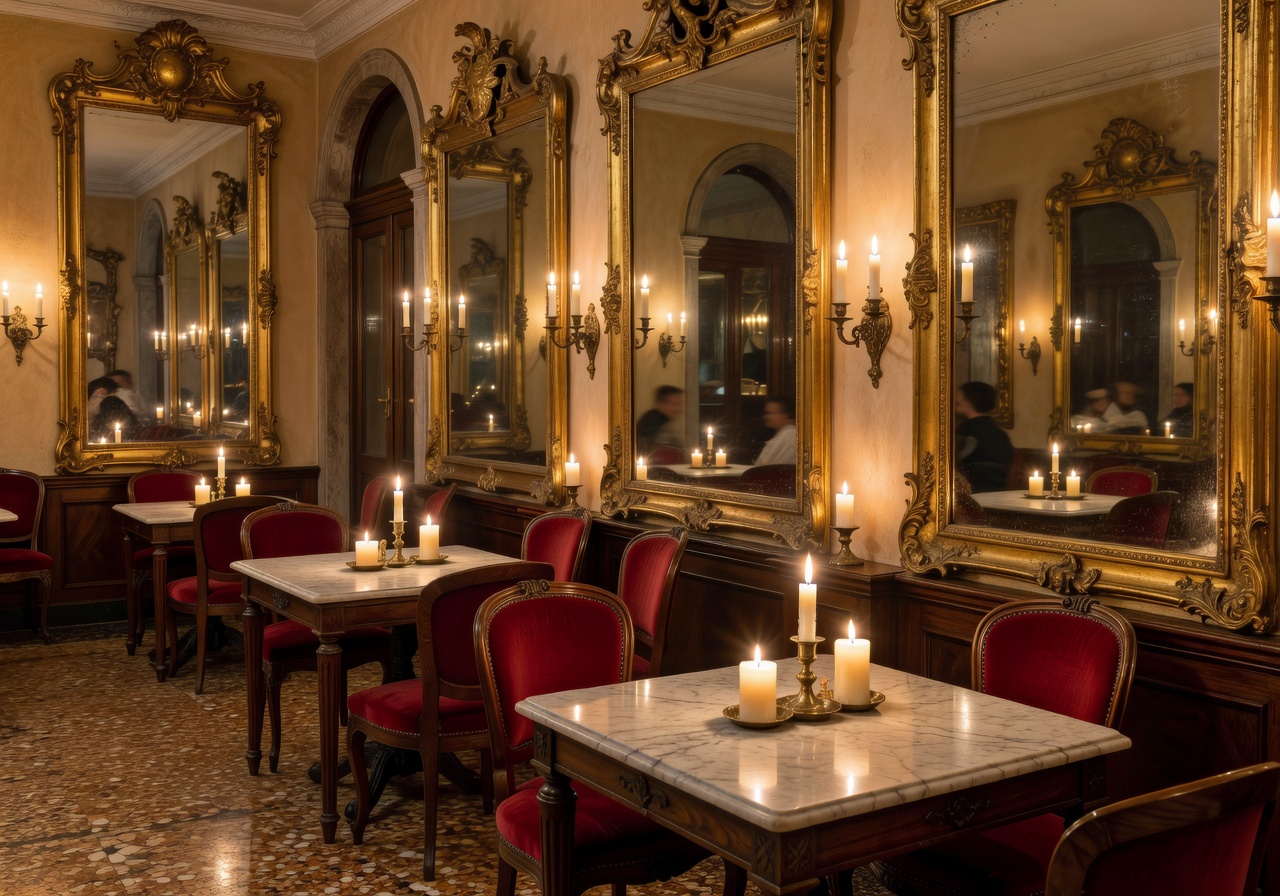 Elegant Italian café interior with vintage decor and warm ambient lighting
