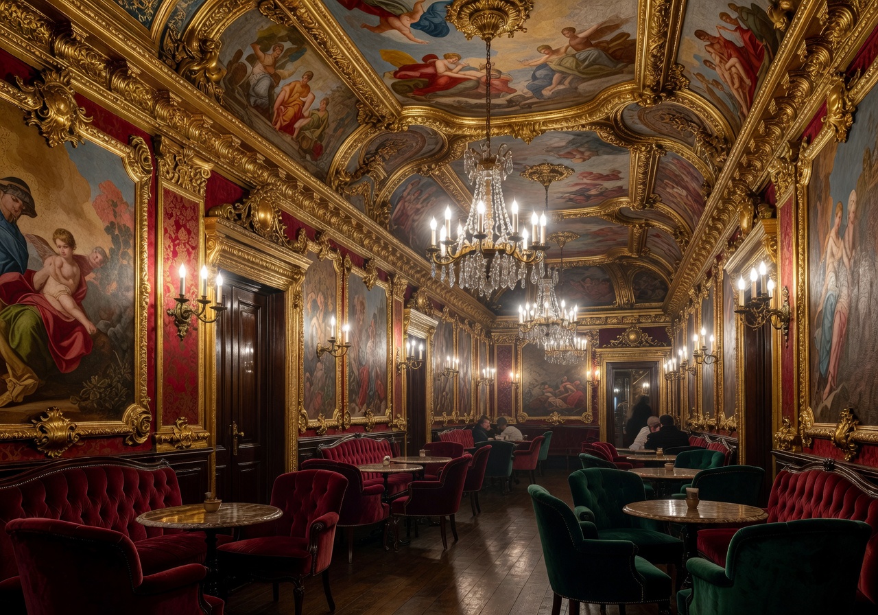Interior of the legendary Caffè Florian in Venice with ornate gold leaf décor and frescoed ceilings