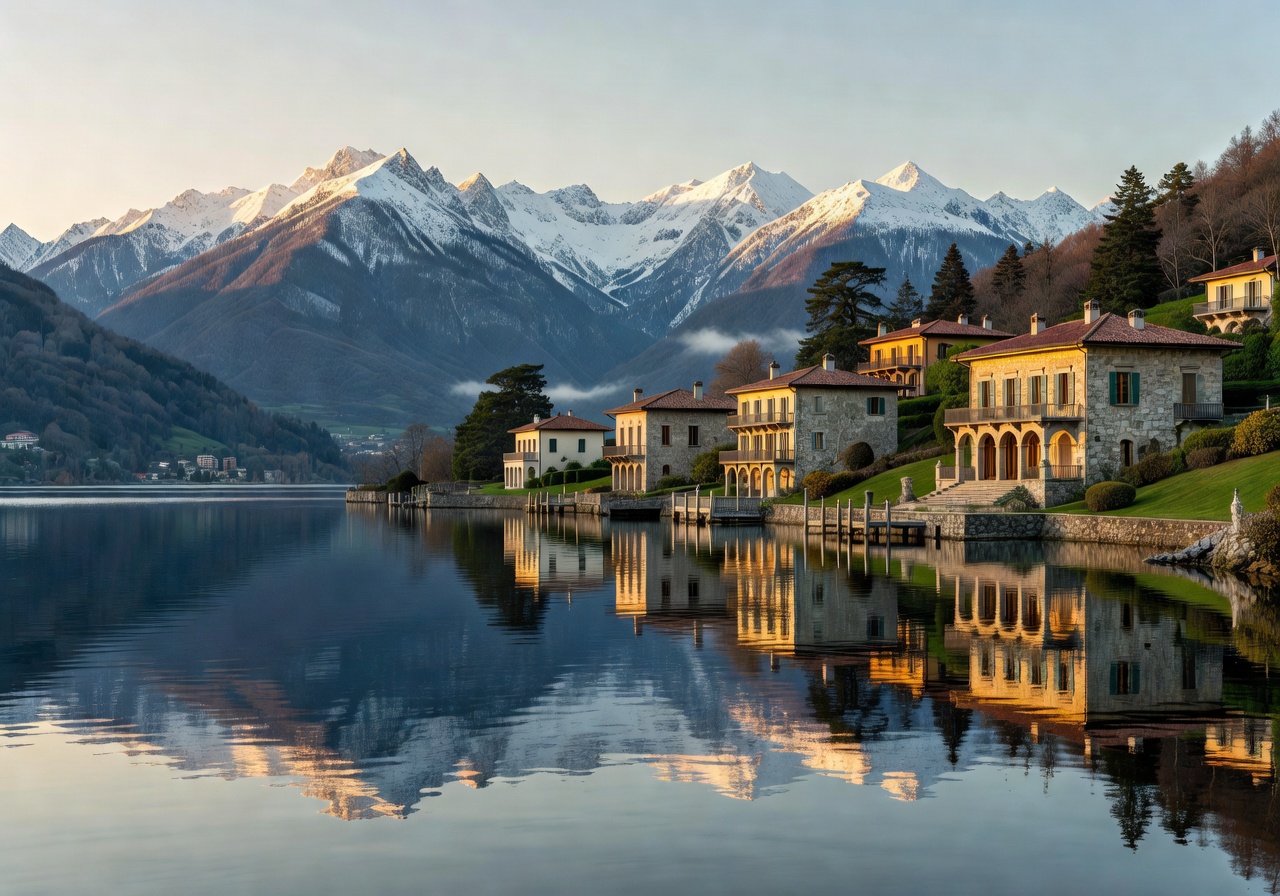 Lake Como serene waters reflecting surrounding Alpine mountains and luxury waterfront villas