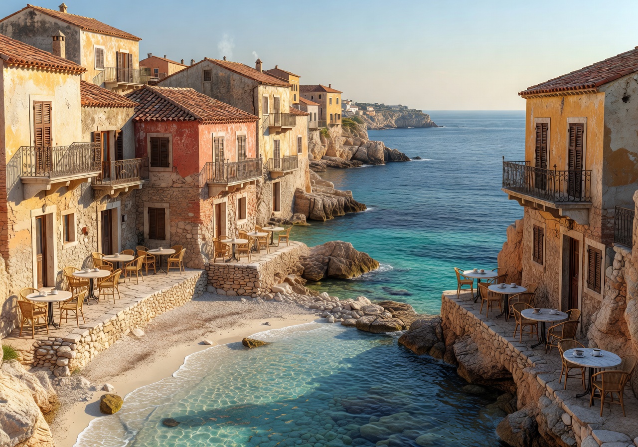 Panoramic European coastline with historic seaside cafés and crystal clear Mediterranean waters