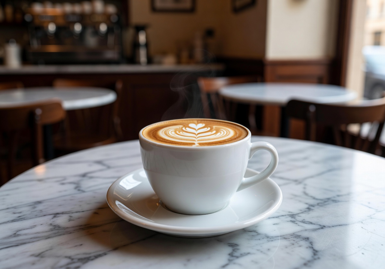 Perfectly crafted Italian cappuccino with latte art on a marble café table