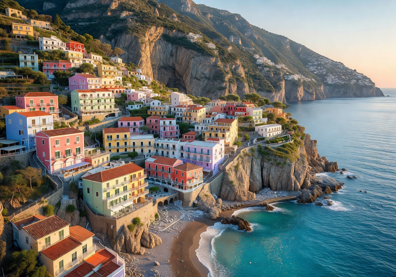 Positano village on the Amalfi Coast with pastel-colored houses and terracotta roofs descending to the sea
