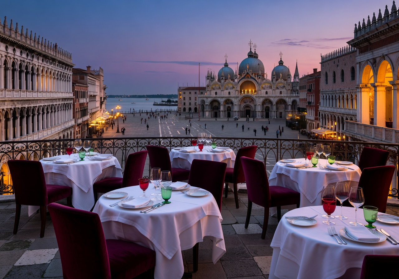 Ristorante Quadri rooftop terrace with elegant table settings overlooking Venice's Piazza San Marco at twilight