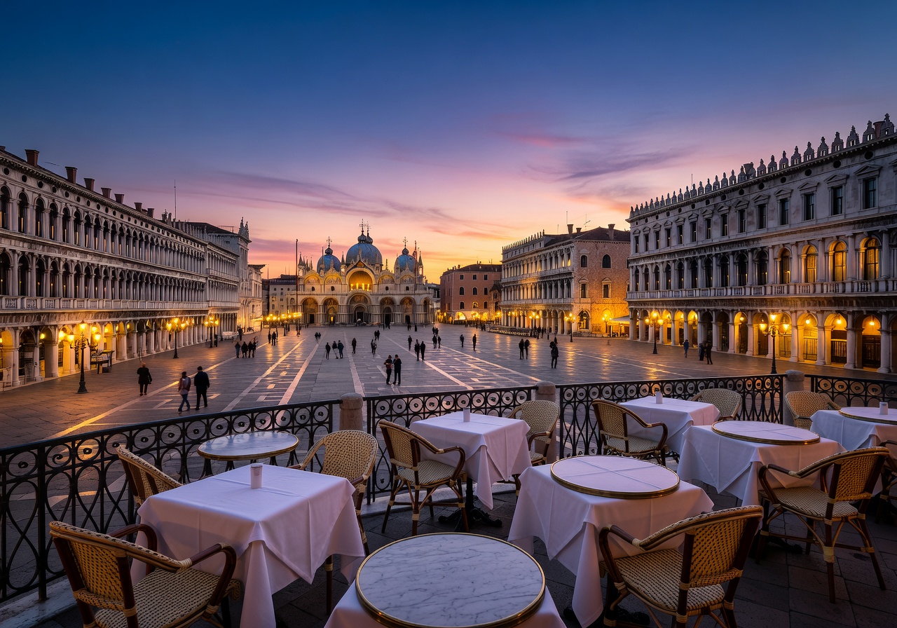 Ristorante Quadri terrace seating overlooking Piazza San Marco in Venice at dusk