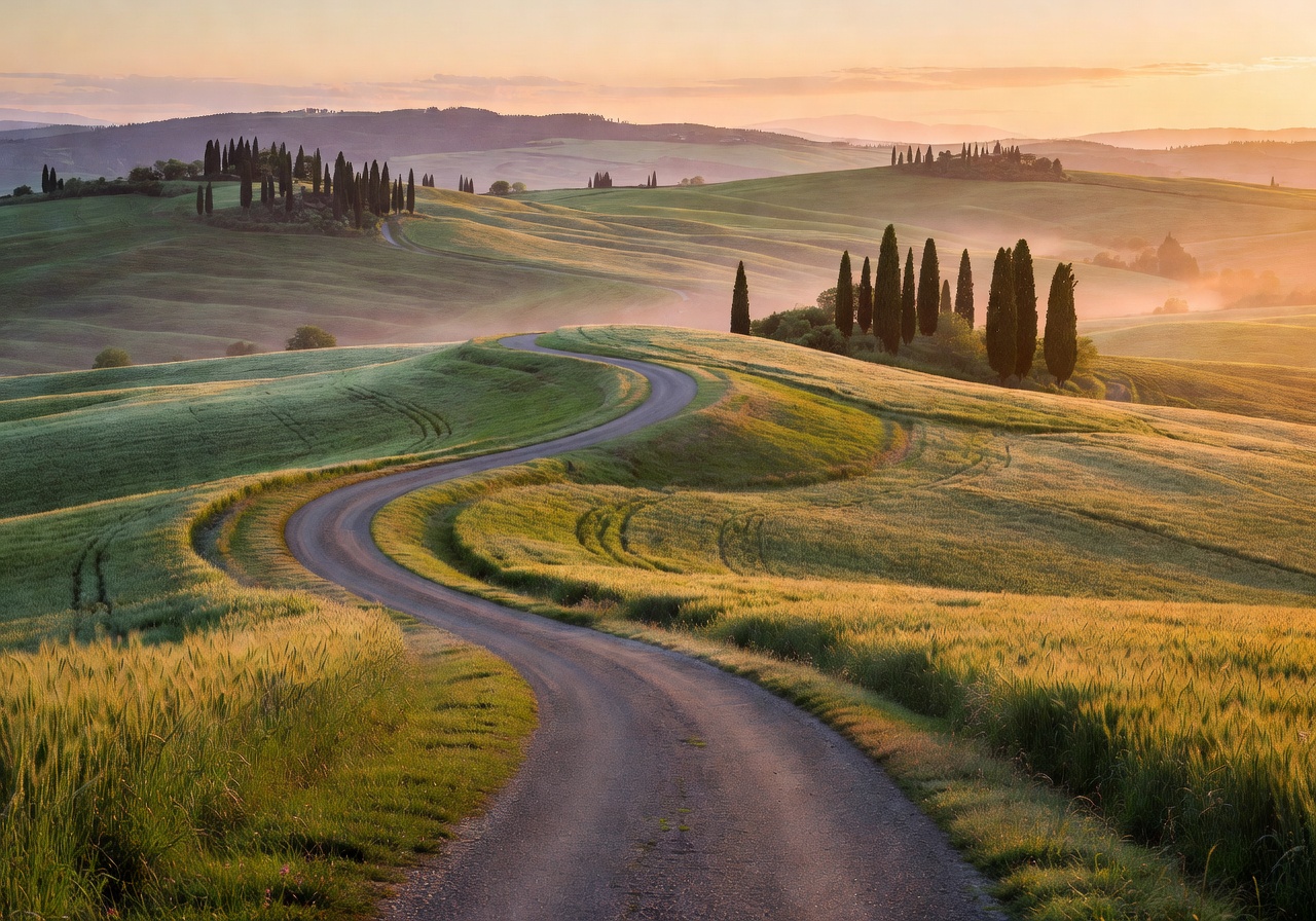 Scenic Italian countryside road winding through cypress trees and rolling Tuscan hills at dawn