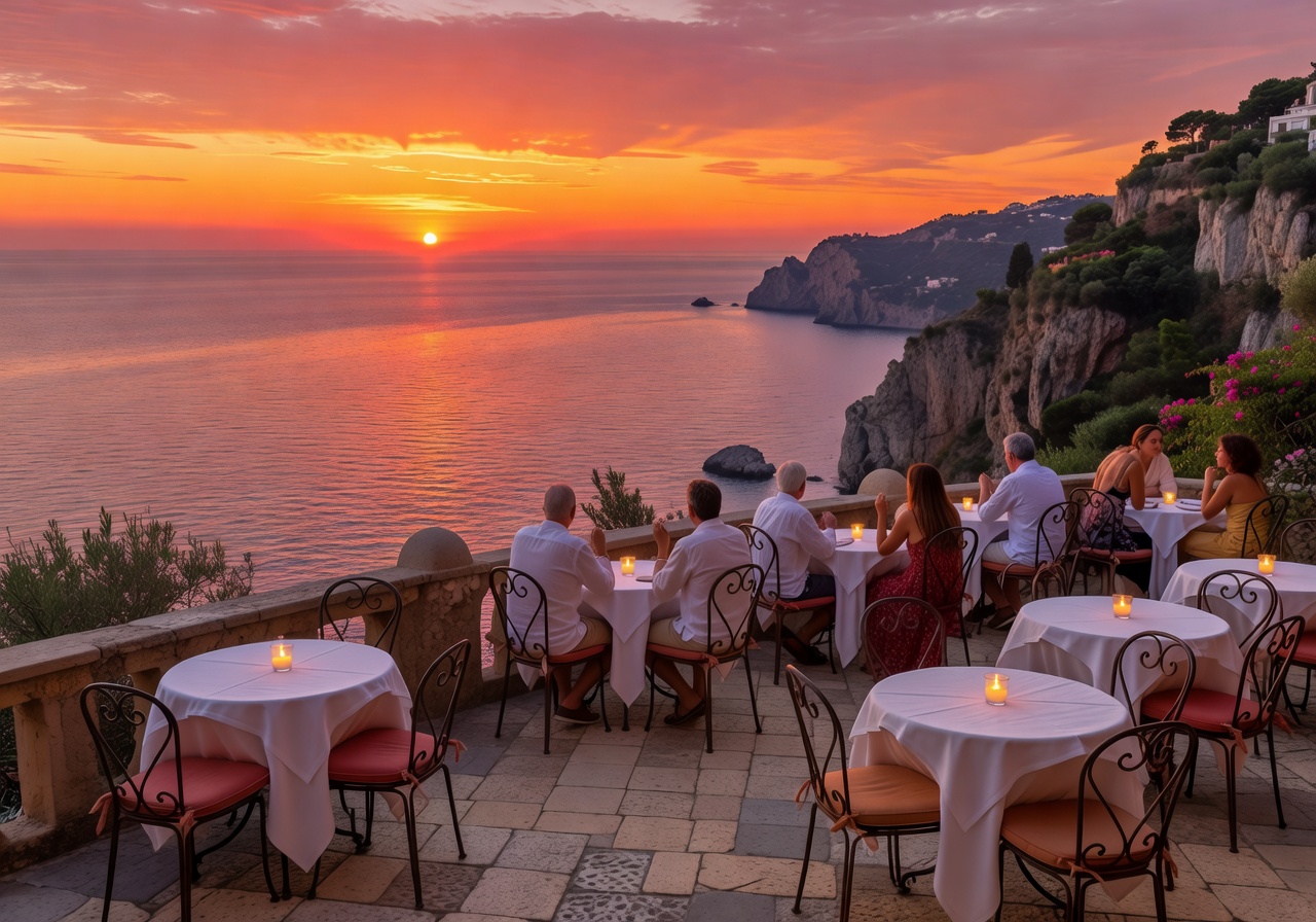 Spectacular Mediterranean sunset viewed from an intimate Amalfi Coast terrace café with ocean panorama