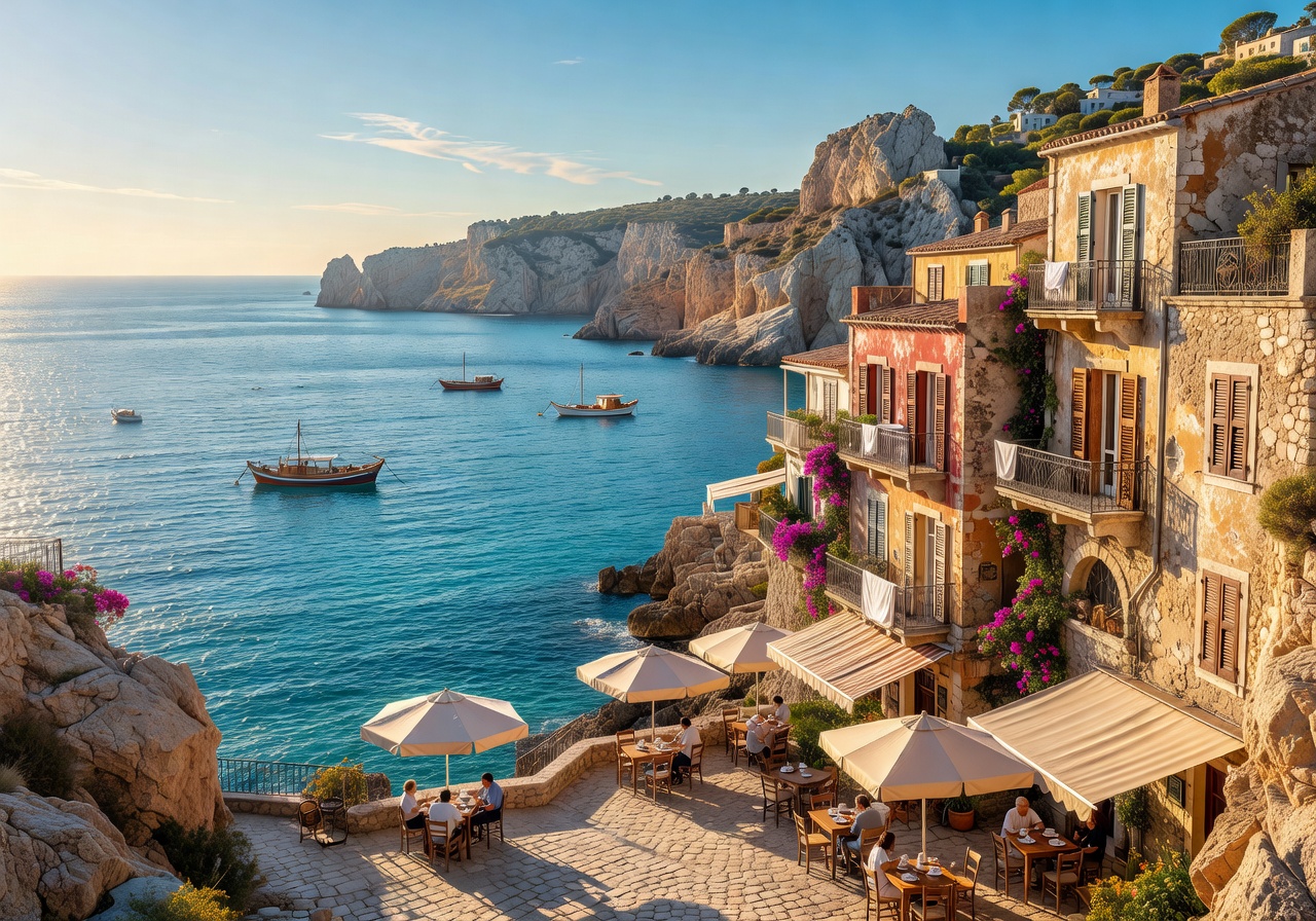 Stunning European coastline with historic seaside cafés and sparkling Mediterranean waters stretching to the horizon