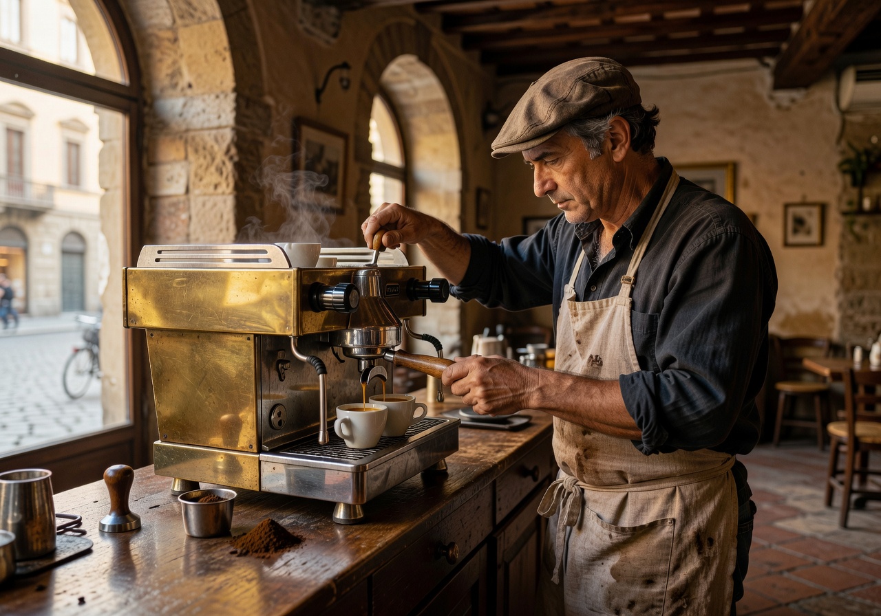 Traditional Italian barista preparing espresso in a historic Florentine café with antique equipment