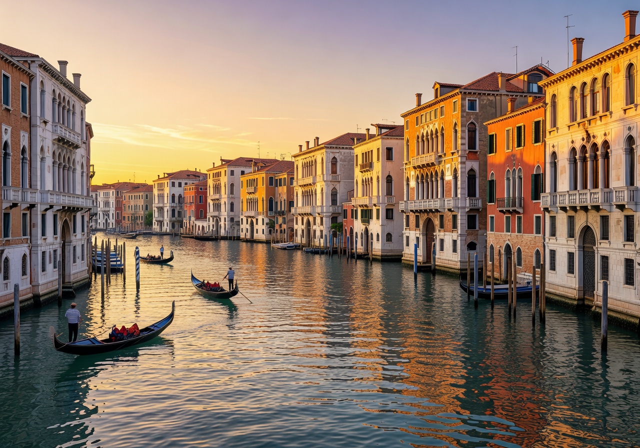Venice Grand Canal at golden hour with traditional gondolas and Renaissance palace facades reflecting on the water