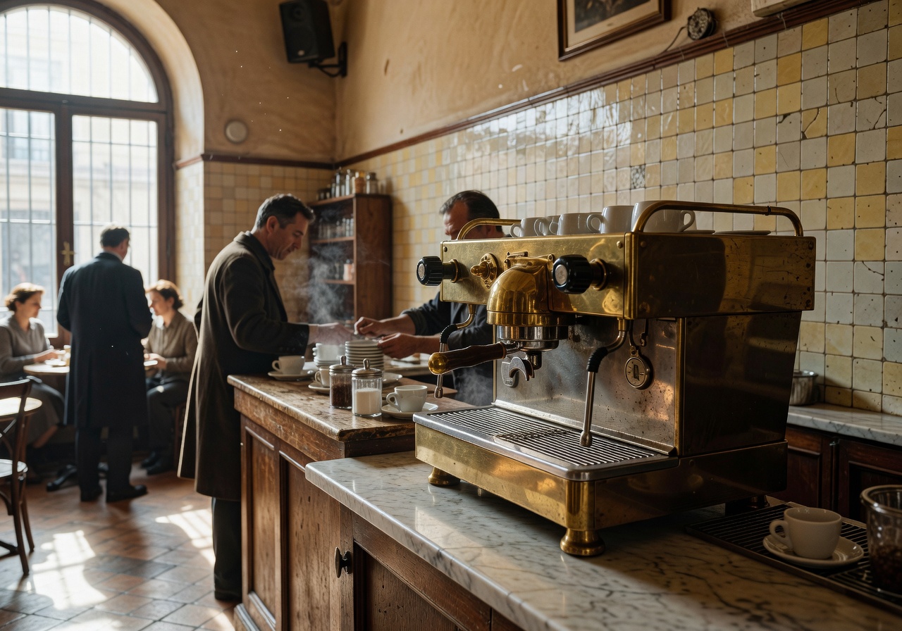 Traditional Italian espresso machine in a vintage Venetian café with brass fittings