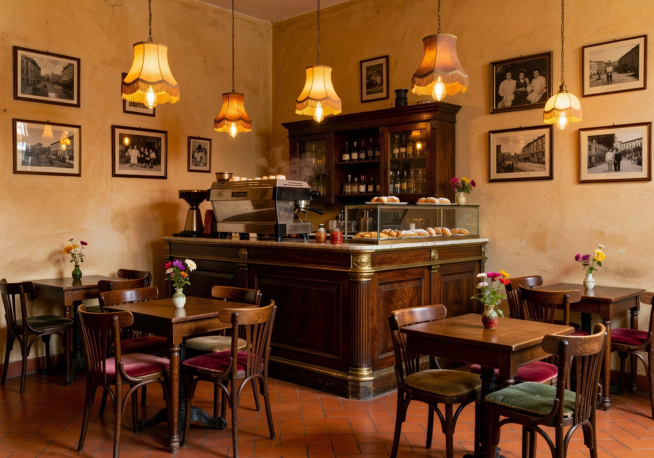 Warm and inviting Italian café interior with vintage décor, soft lighting, and a traditional espresso bar